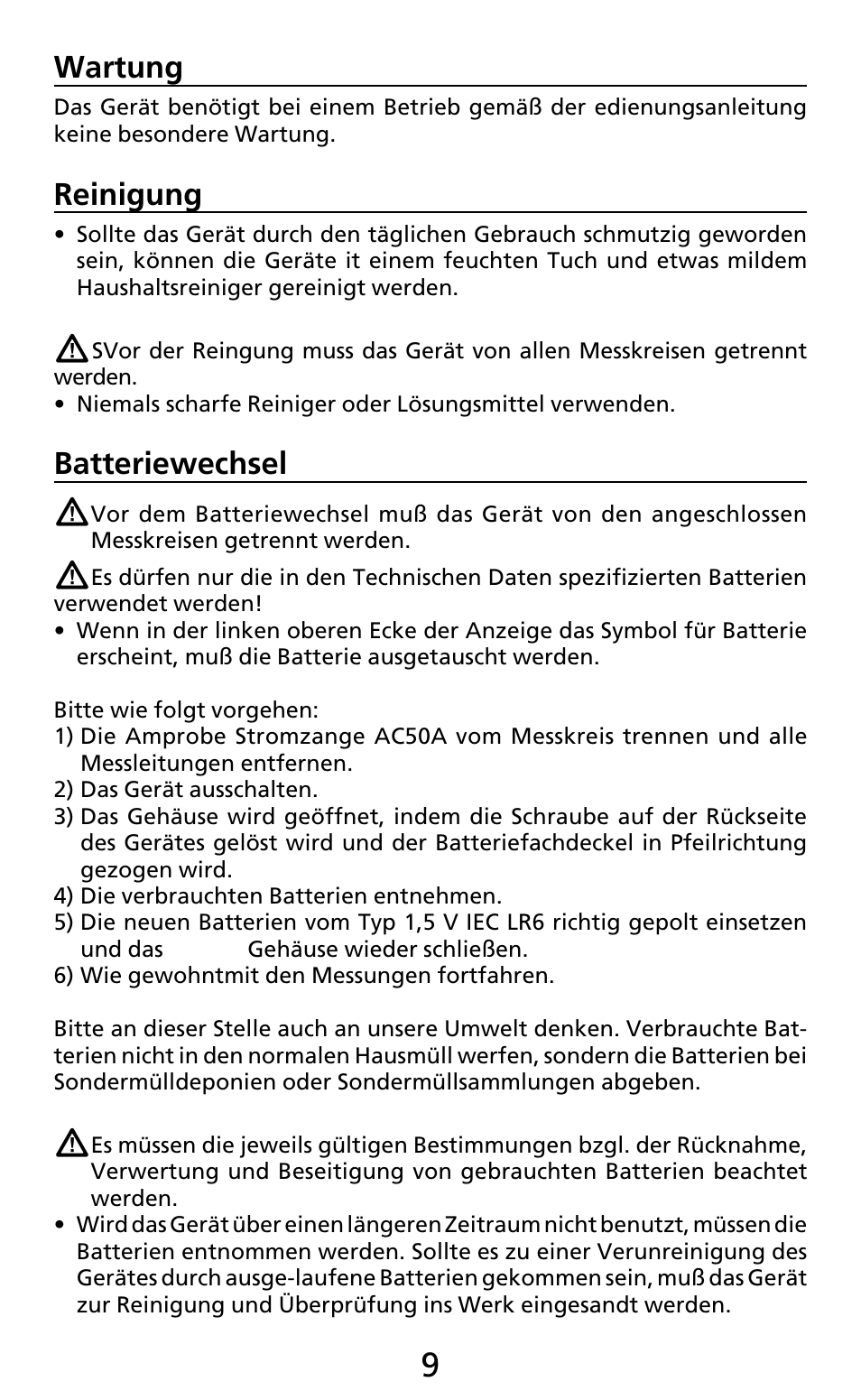 Wartung, Reinigung, Batteriewechsel | Amprobe AC50A User Manual | Page 24 / 78