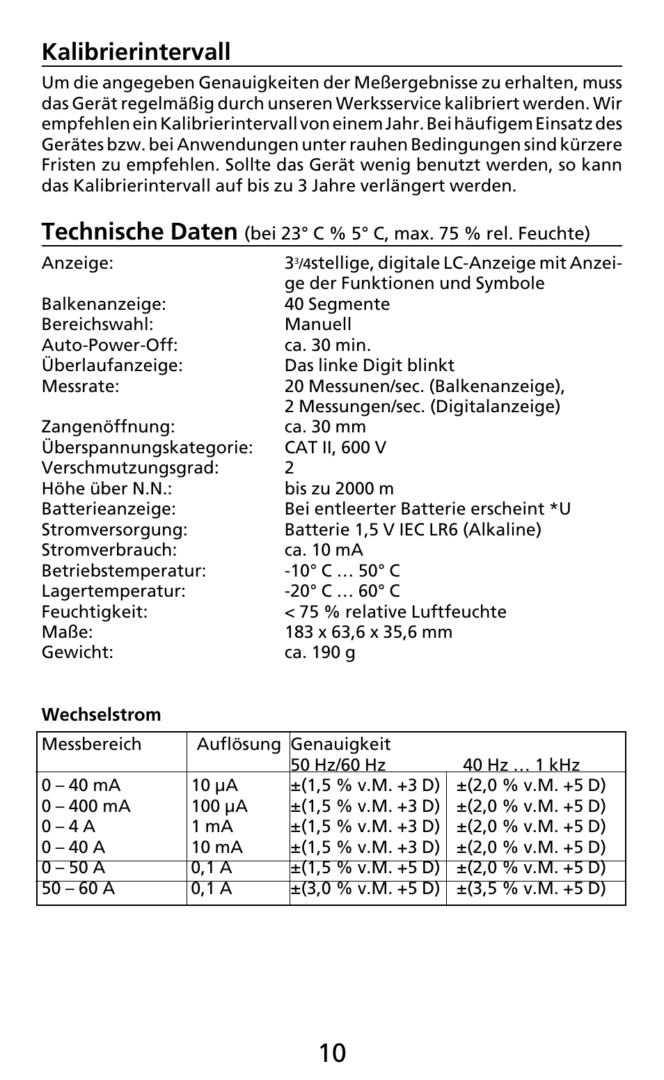 Kalibrierintervall, Technische daten | Amprobe AC50A User Manual | Page 25 / 78