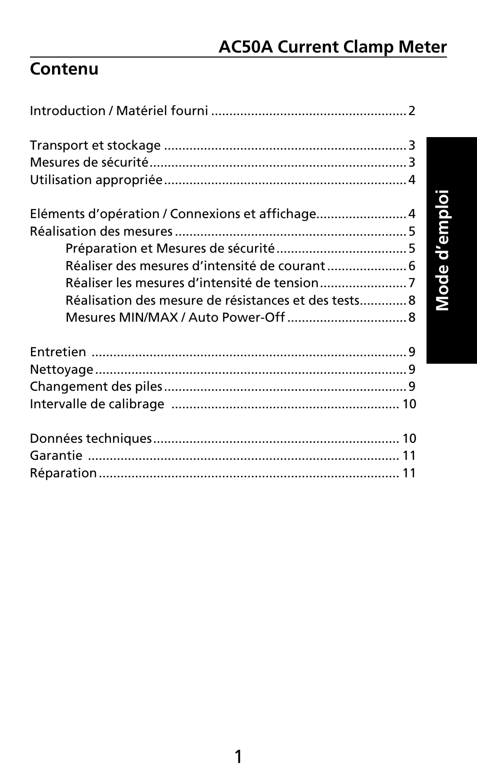 Contenu, Mode d’emploi ac50a current clamp meter | Amprobe AC50A User Manual | Page 29 / 78