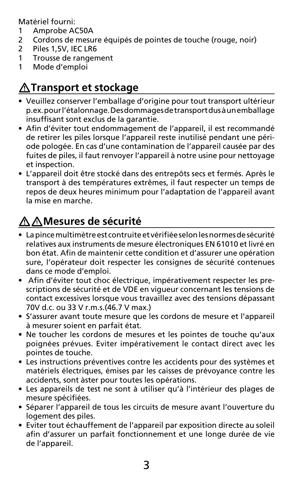 Transport et stockage, Mesures de sécurité | Amprobe AC50A User Manual | Page 31 / 78