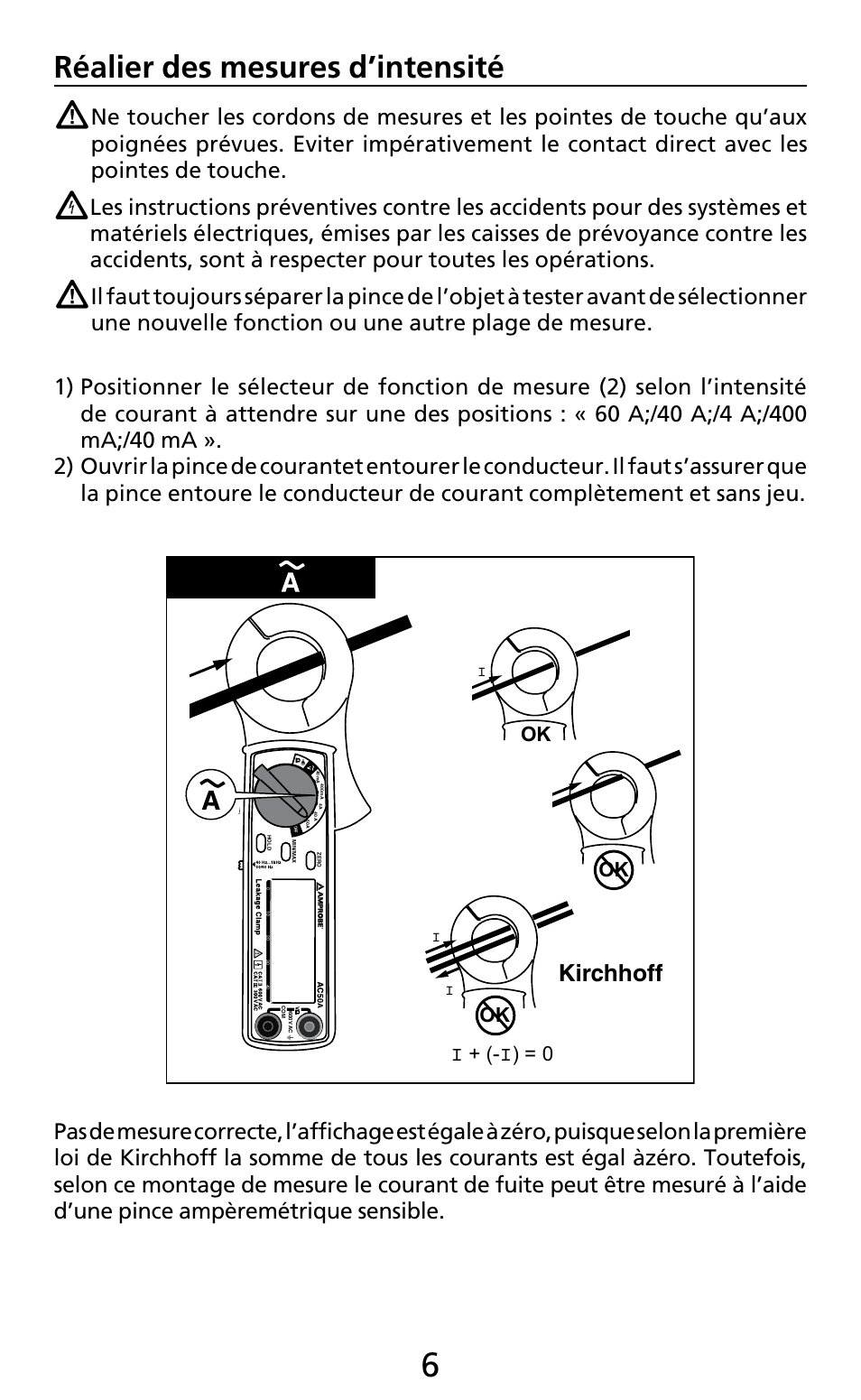 Réalier des mesures d’intensité, Kirchhoff, Ok i + (- i) = 0 | Amprobe AC50A User Manual | Page 34 / 78