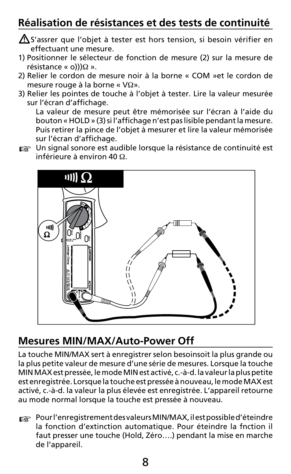 Mesures min/max/auto-power off | Amprobe AC50A User Manual | Page 36 / 78