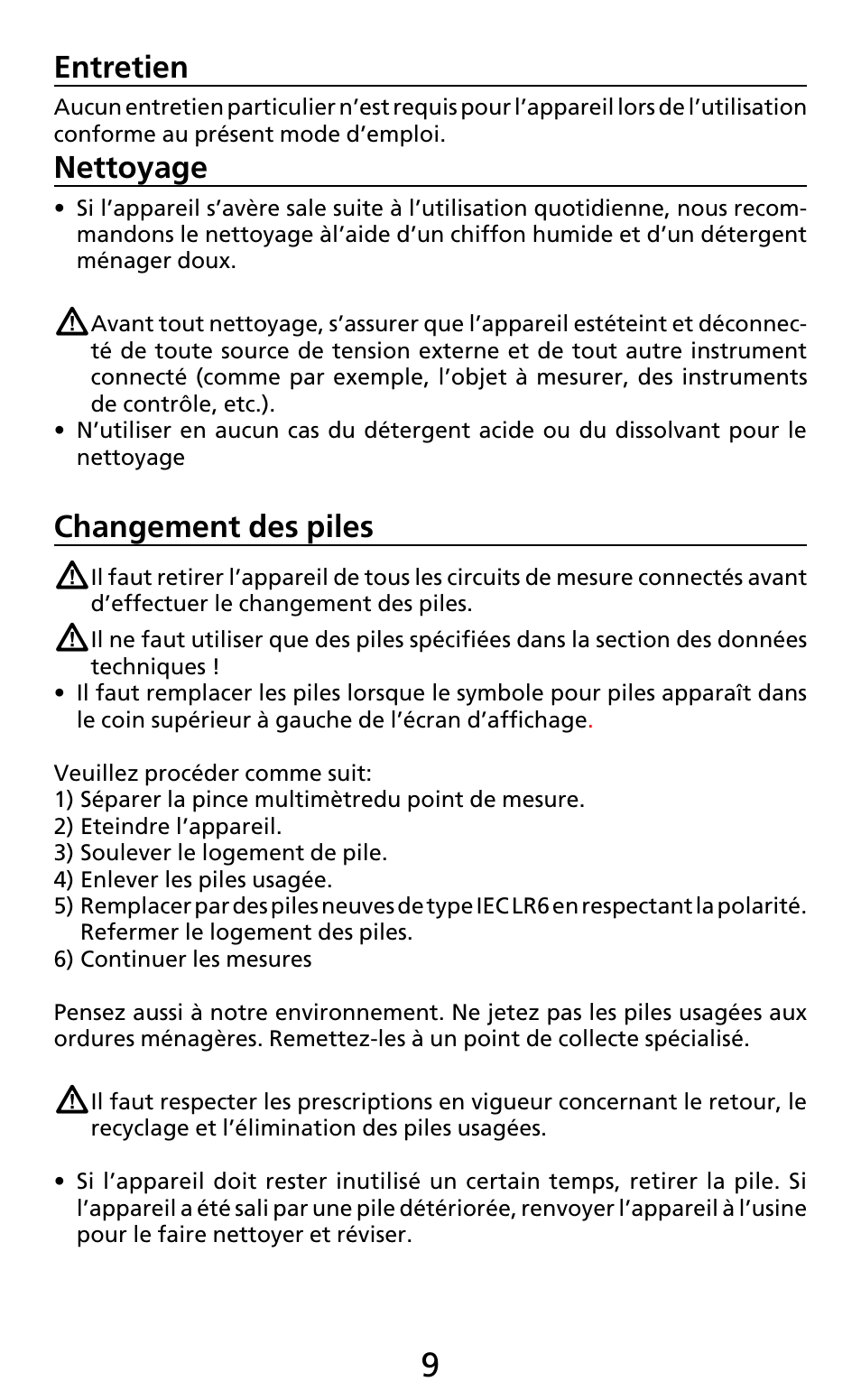 Entretien, Nettoyage, Changement des piles | Amprobe AC50A User Manual | Page 37 / 78