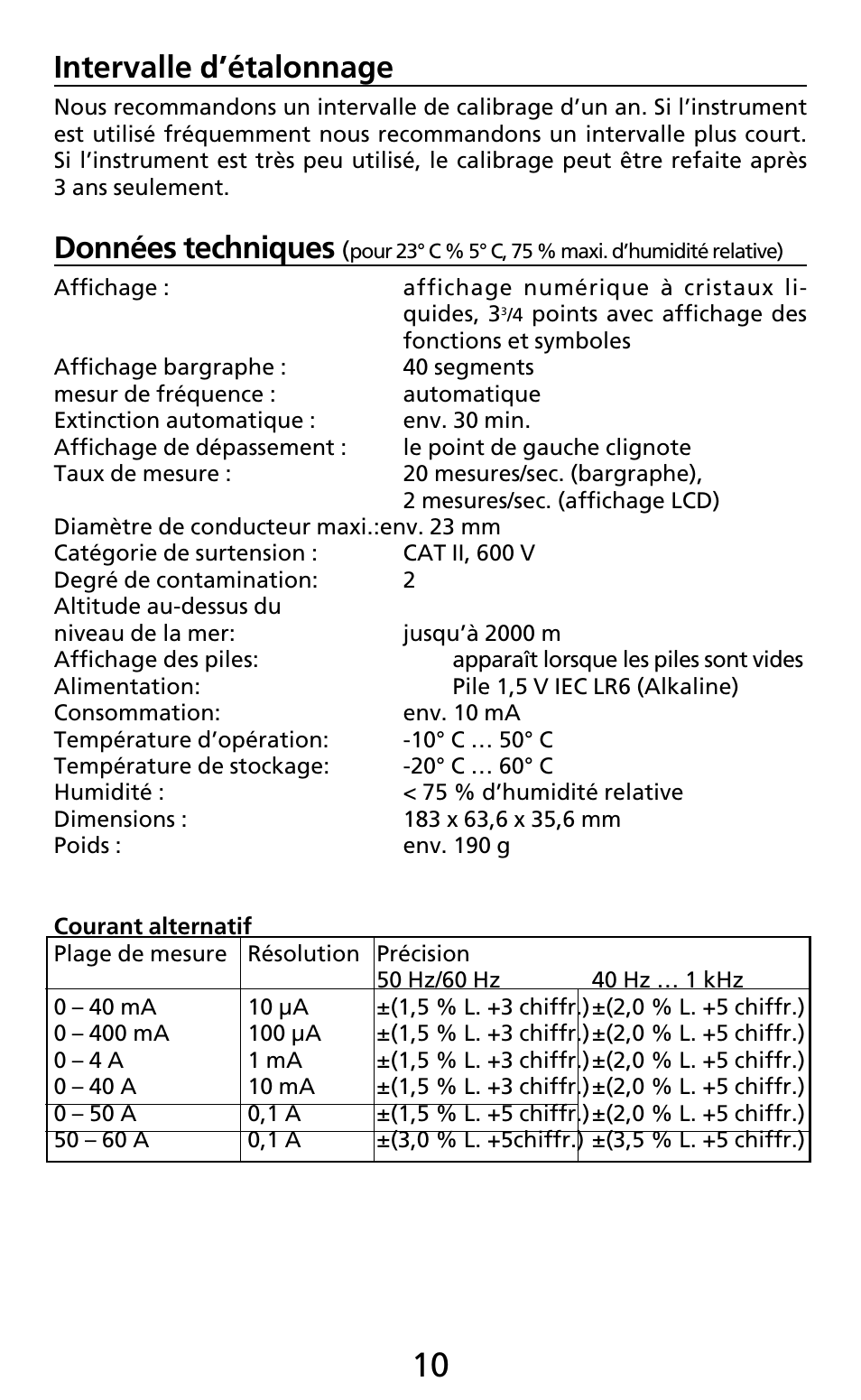 Intervalle d’étalonnage, Données techniques | Amprobe AC50A User Manual | Page 38 / 78