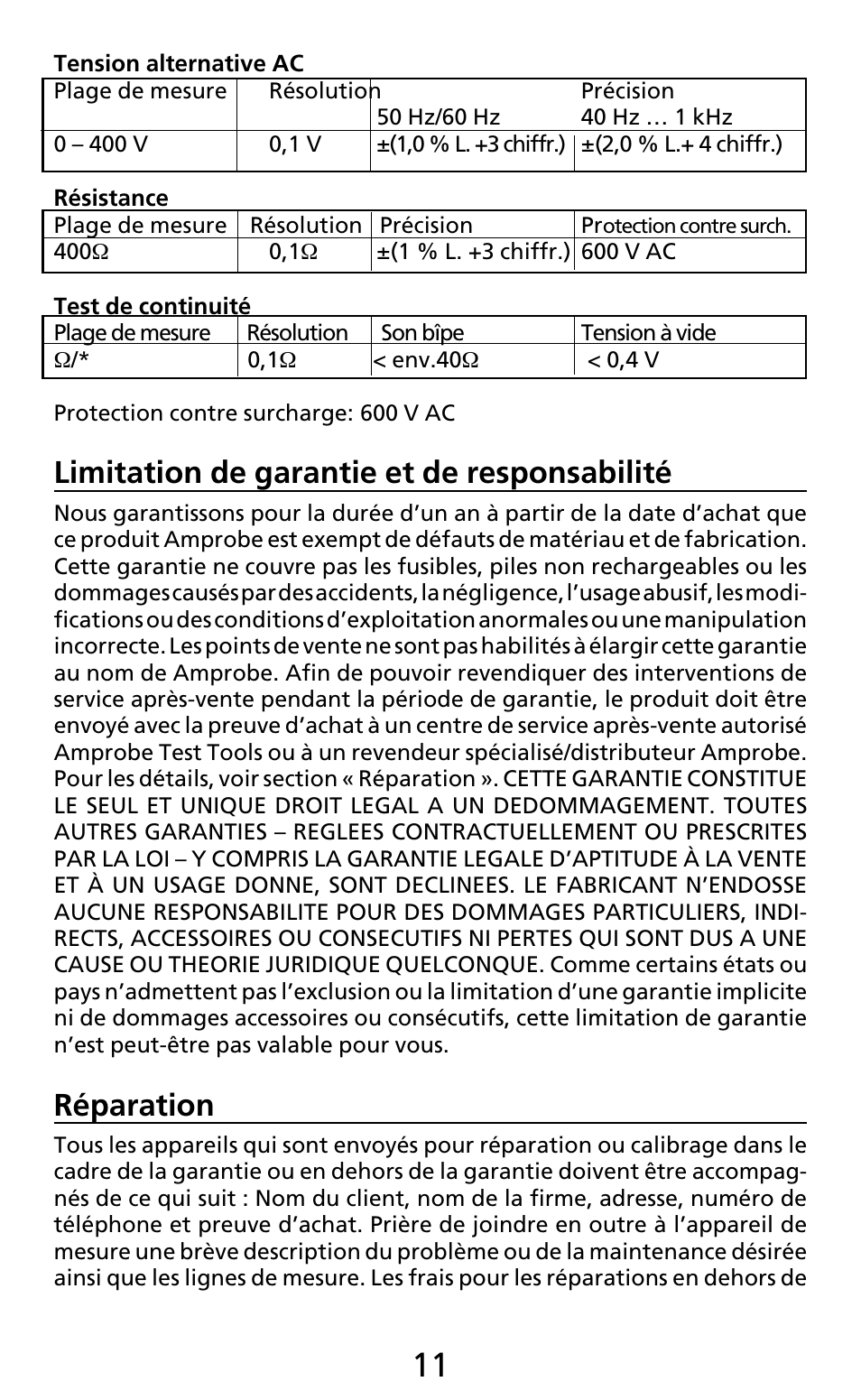 Limitation de garantie et de responsabilité, Réparation | Amprobe AC50A User Manual | Page 39 / 78