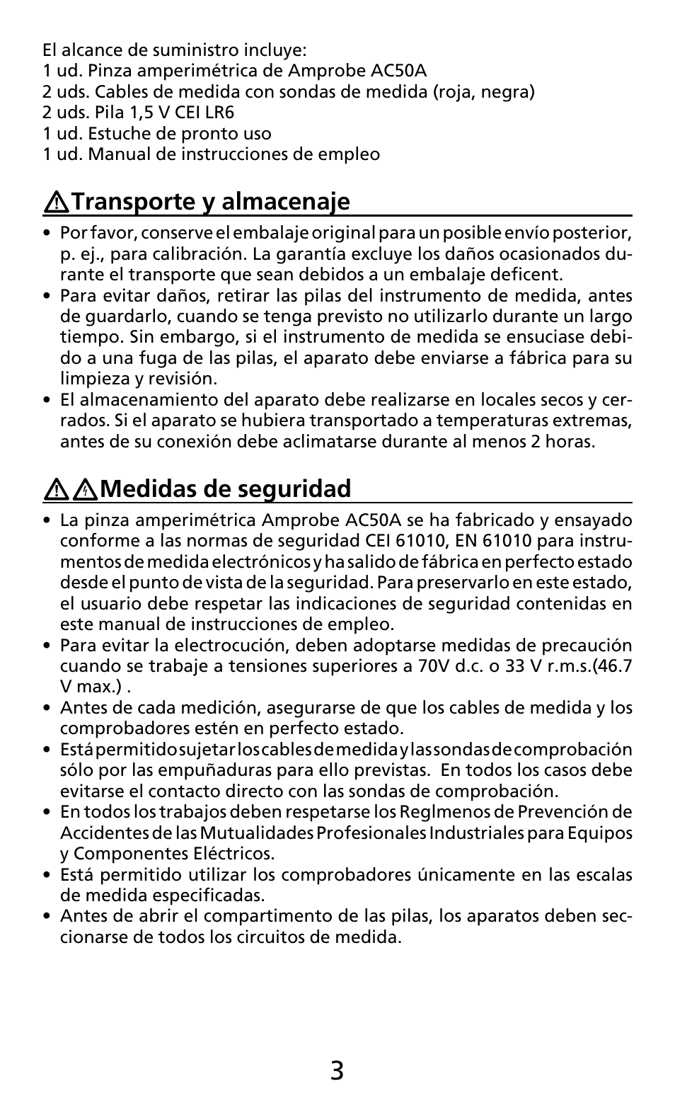 Transporte y almacenaje, Medidas de seguridad | Amprobe AC50A User Manual | Page 43 / 78