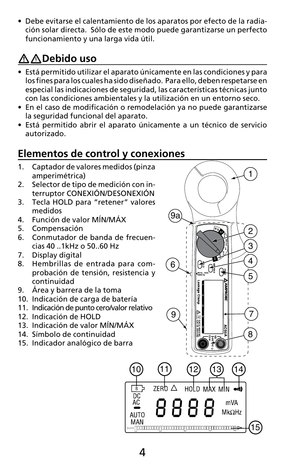 Debido uso, Elementos de control y conexiones | Amprobe AC50A User Manual | Page 44 / 78