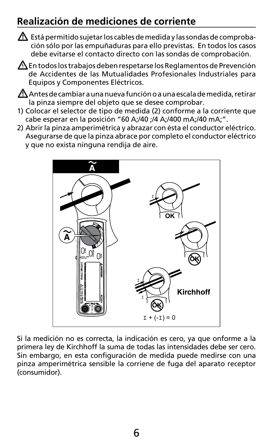 Realización de mediciones de corriente, Kirchhoff, Ok i + (- i) = 0 | Amprobe AC50A User Manual | Page 46 / 78