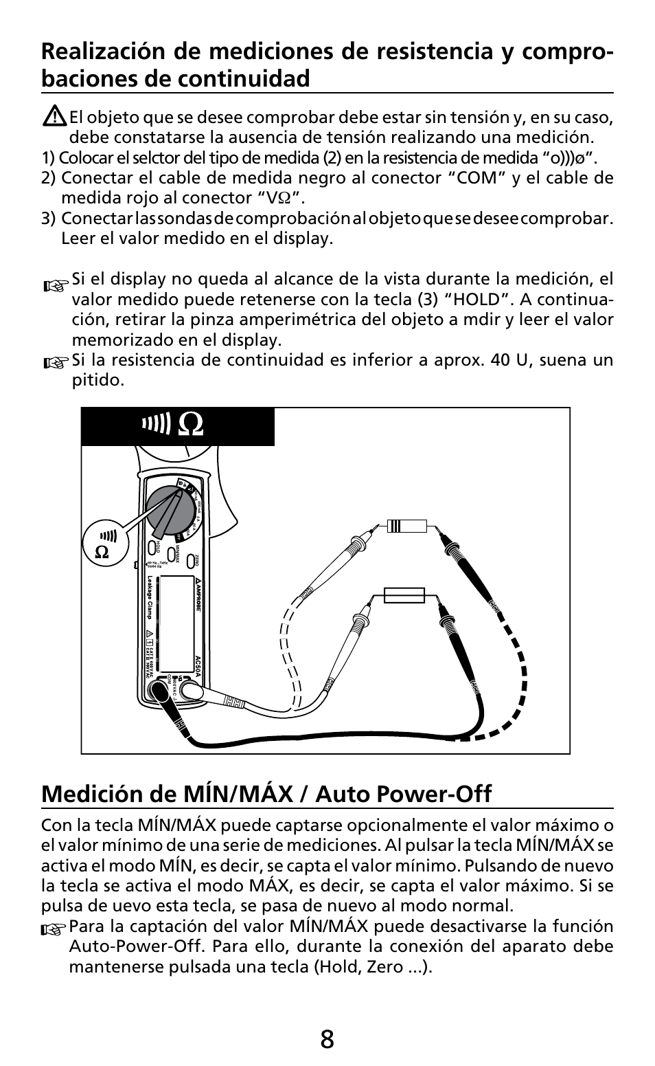 Medición de mín/máx / auto power-off | Amprobe AC50A User Manual | Page 48 / 78