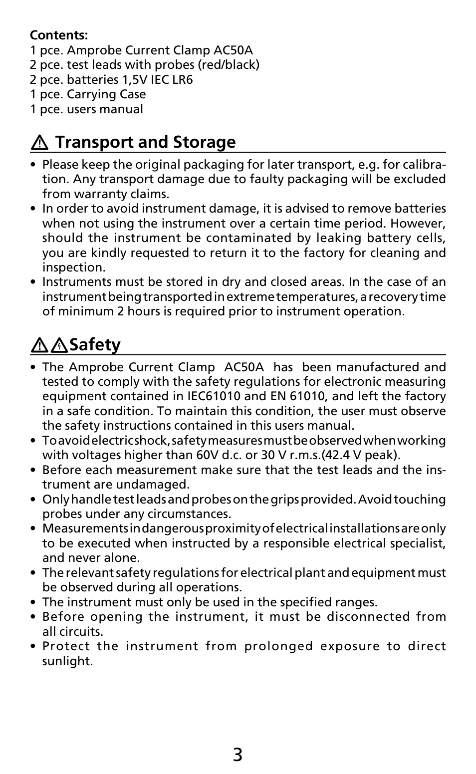 Transport and storage, Safety | Amprobe AC50A User Manual | Page 5 / 78