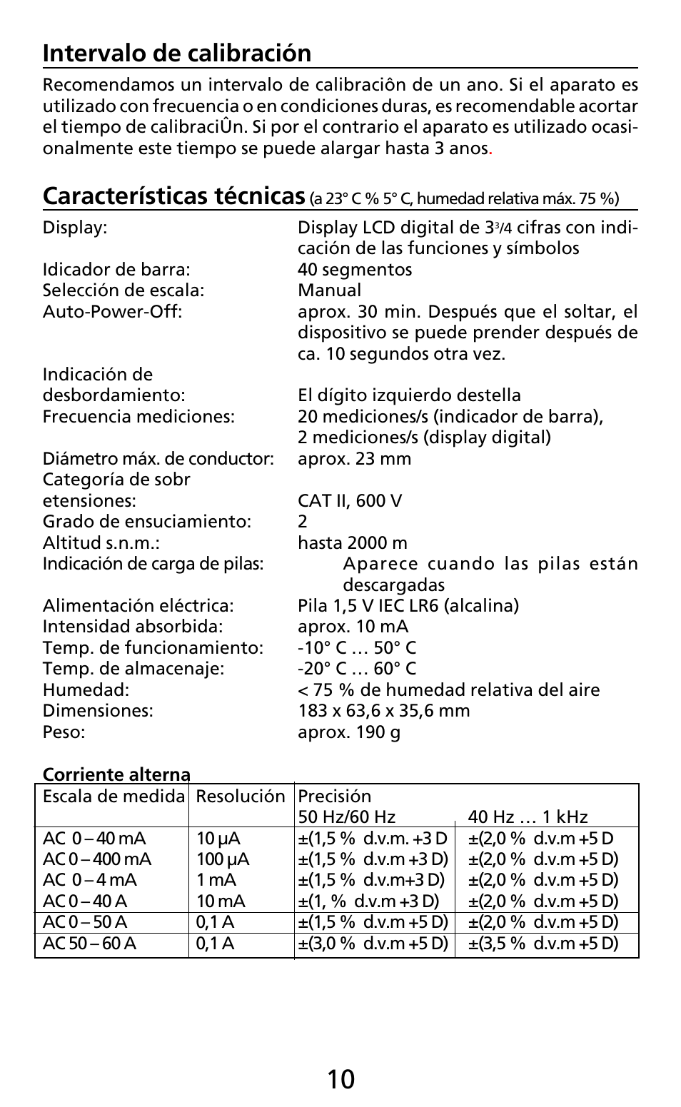 Intervalo de calibración, Características técnicas | Amprobe AC50A User Manual | Page 50 / 78