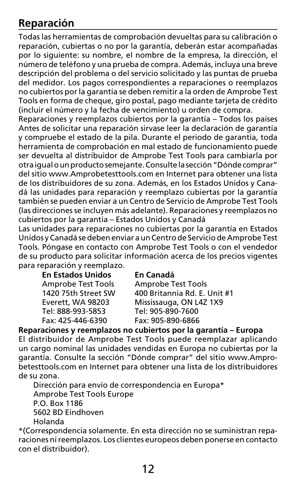 Reparación | Amprobe AC50A User Manual | Page 52 / 78