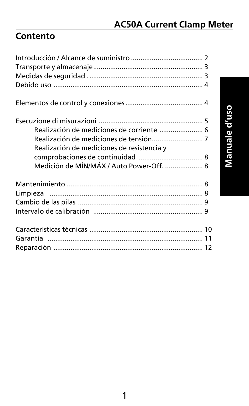 Contento, Manuale d’uso ac50a current clamp meter | Amprobe AC50A User Manual | Page 53 / 78