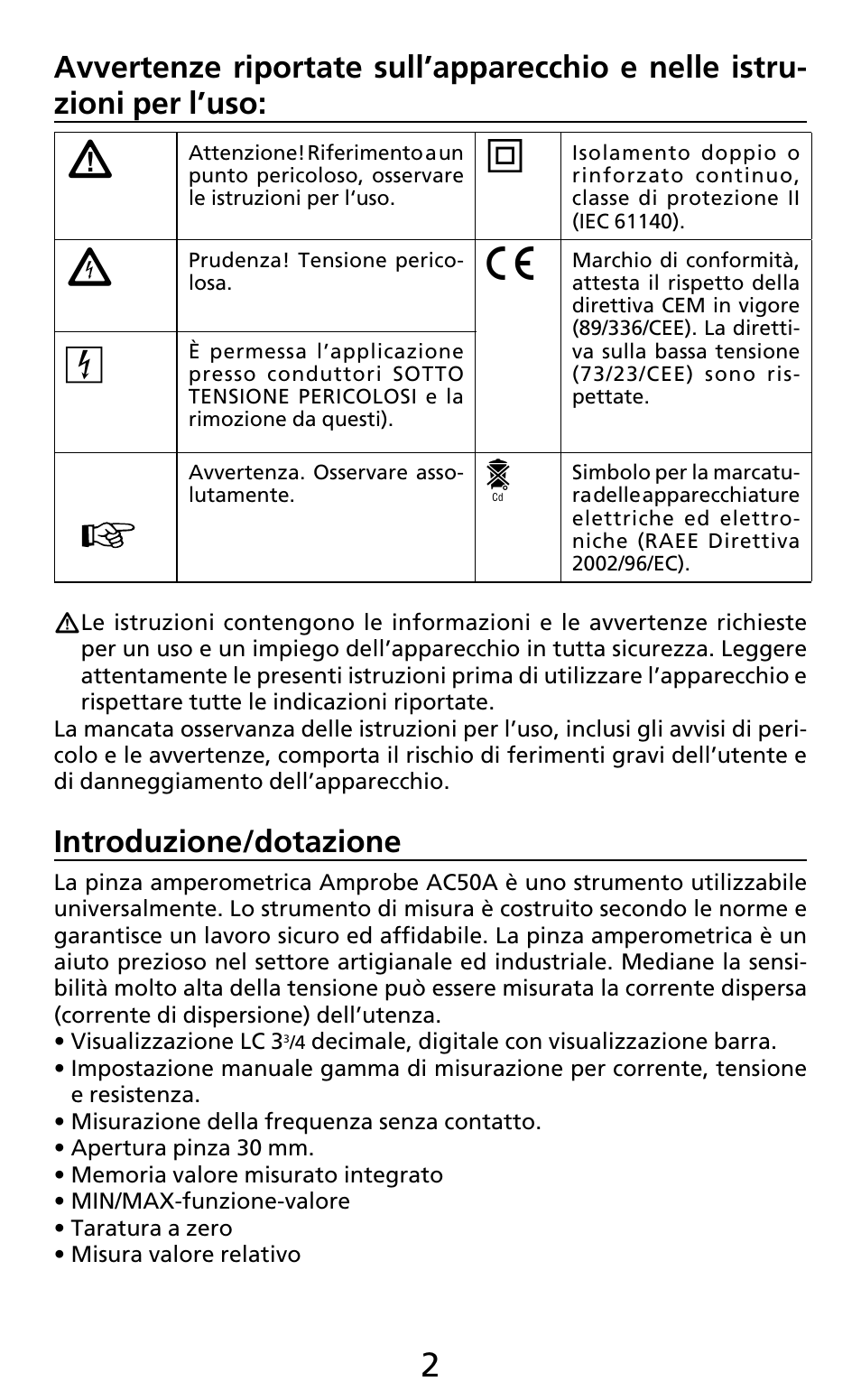 Introduzione/dotazione | Amprobe AC50A User Manual | Page 54 / 78