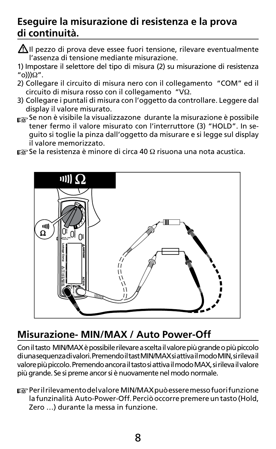 Misurazione- min/max / auto power-off | Amprobe AC50A User Manual | Page 60 / 78