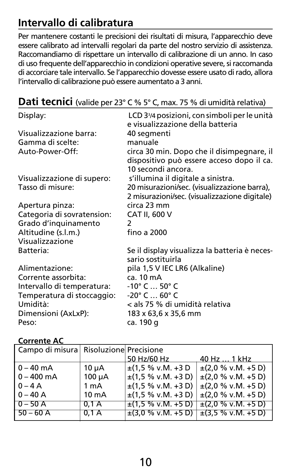 Intervallo di calibratura, Dati tecnici | Amprobe AC50A User Manual | Page 62 / 78