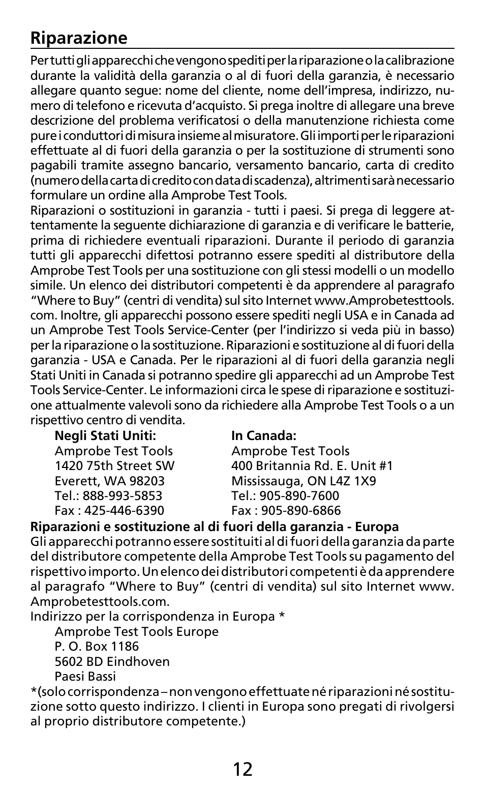 Riparazione | Amprobe AC50A User Manual | Page 64 / 78