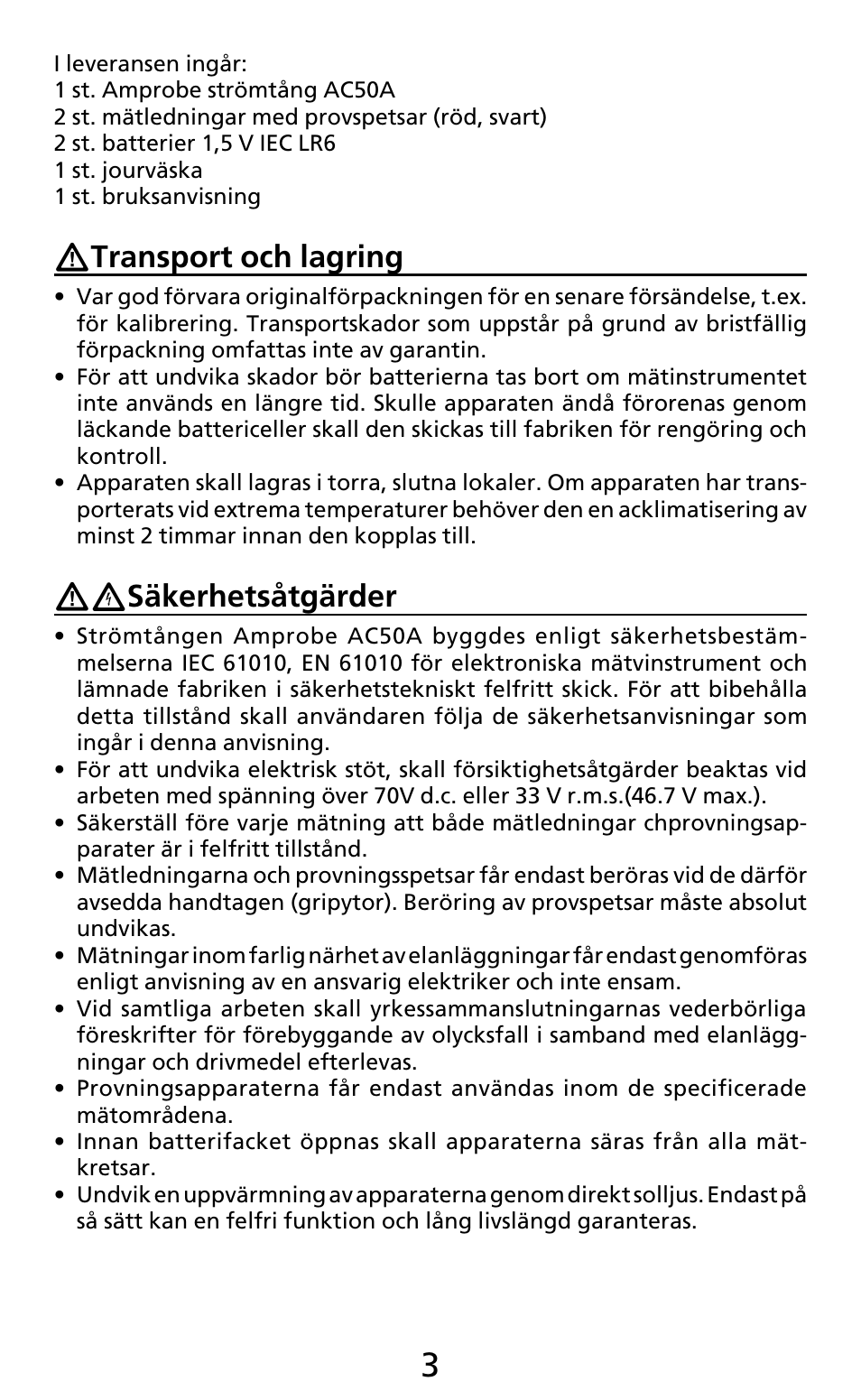 Transport och lagring, Säkerhetsåtgärder | Amprobe AC50A User Manual | Page 67 / 78