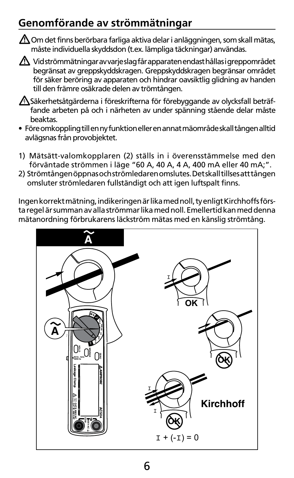 Genomförande av strömmätningar, Kirchhoff, Ok i + (- i) = 0 | Amprobe AC50A User Manual | Page 70 / 78