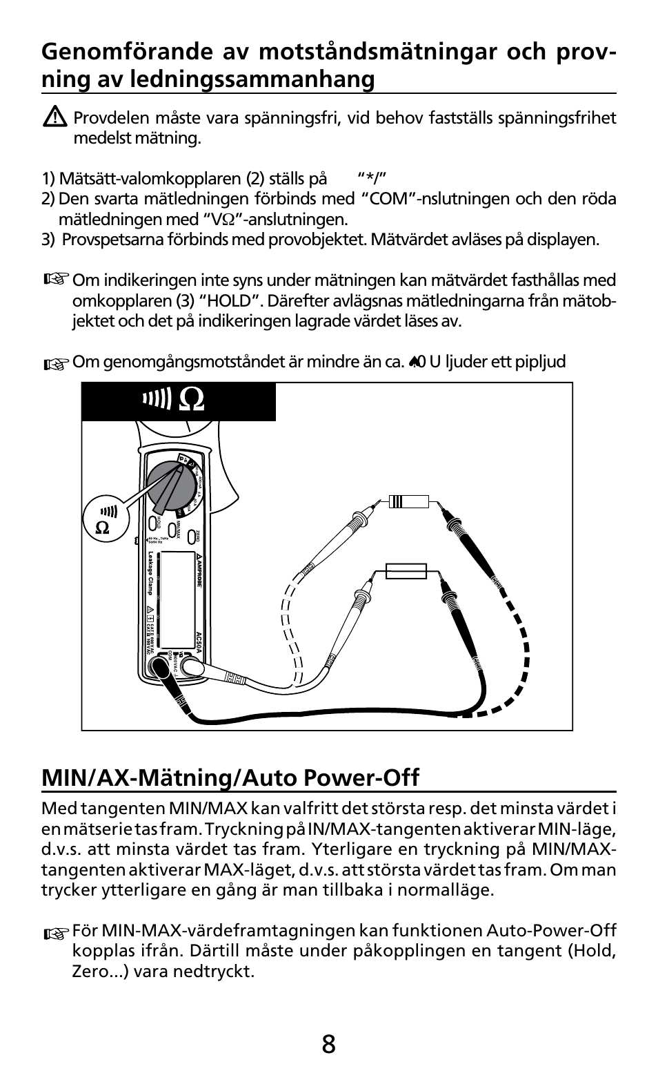 Min/ax-mätning/auto power-off | Amprobe AC50A User Manual | Page 72 / 78