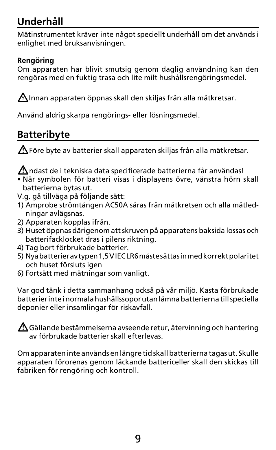 Underhåll, Batteribyte | Amprobe AC50A User Manual | Page 73 / 78