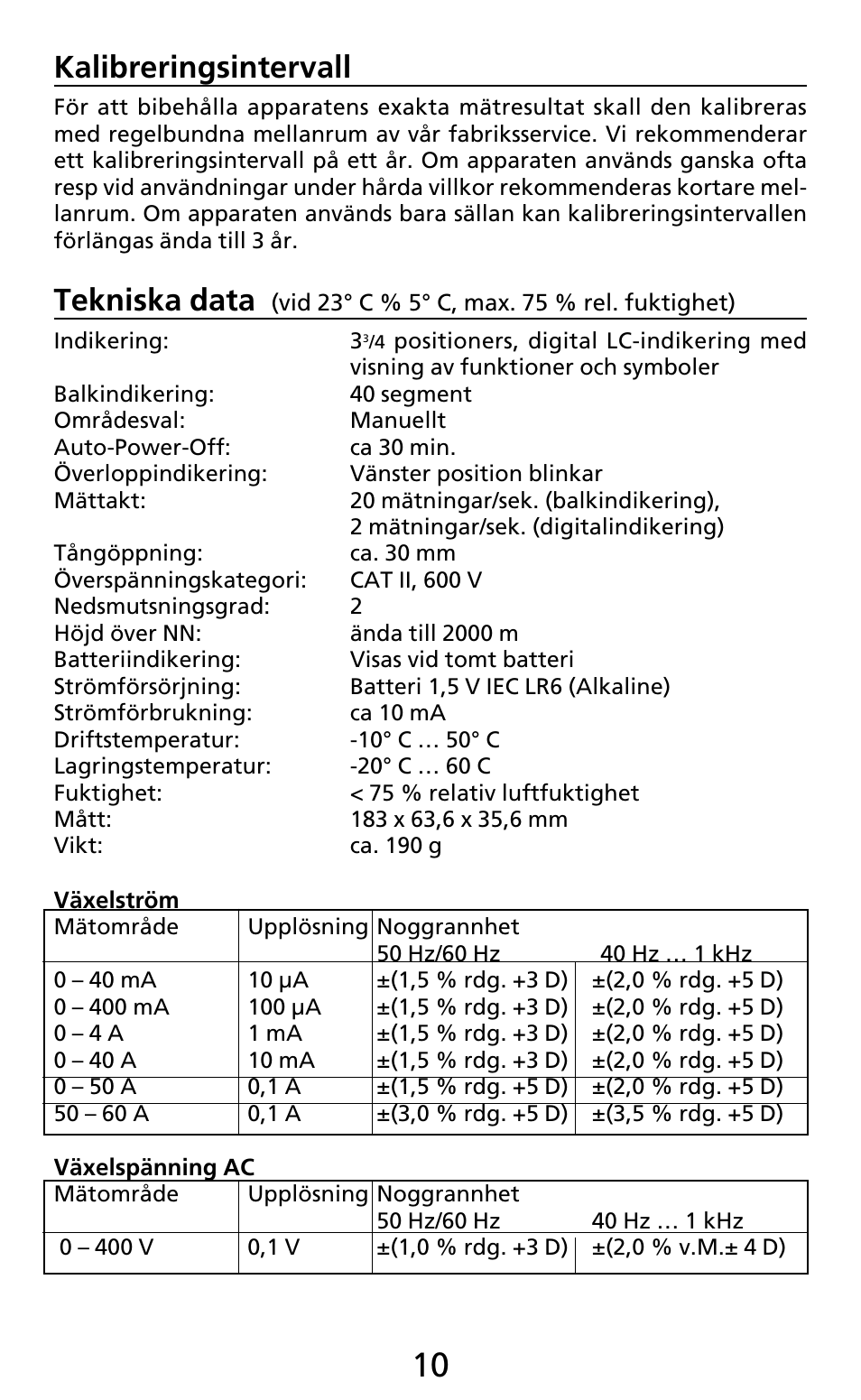 Kalibreringsintervall, Tekniska data | Amprobe AC50A User Manual | Page 74 / 78