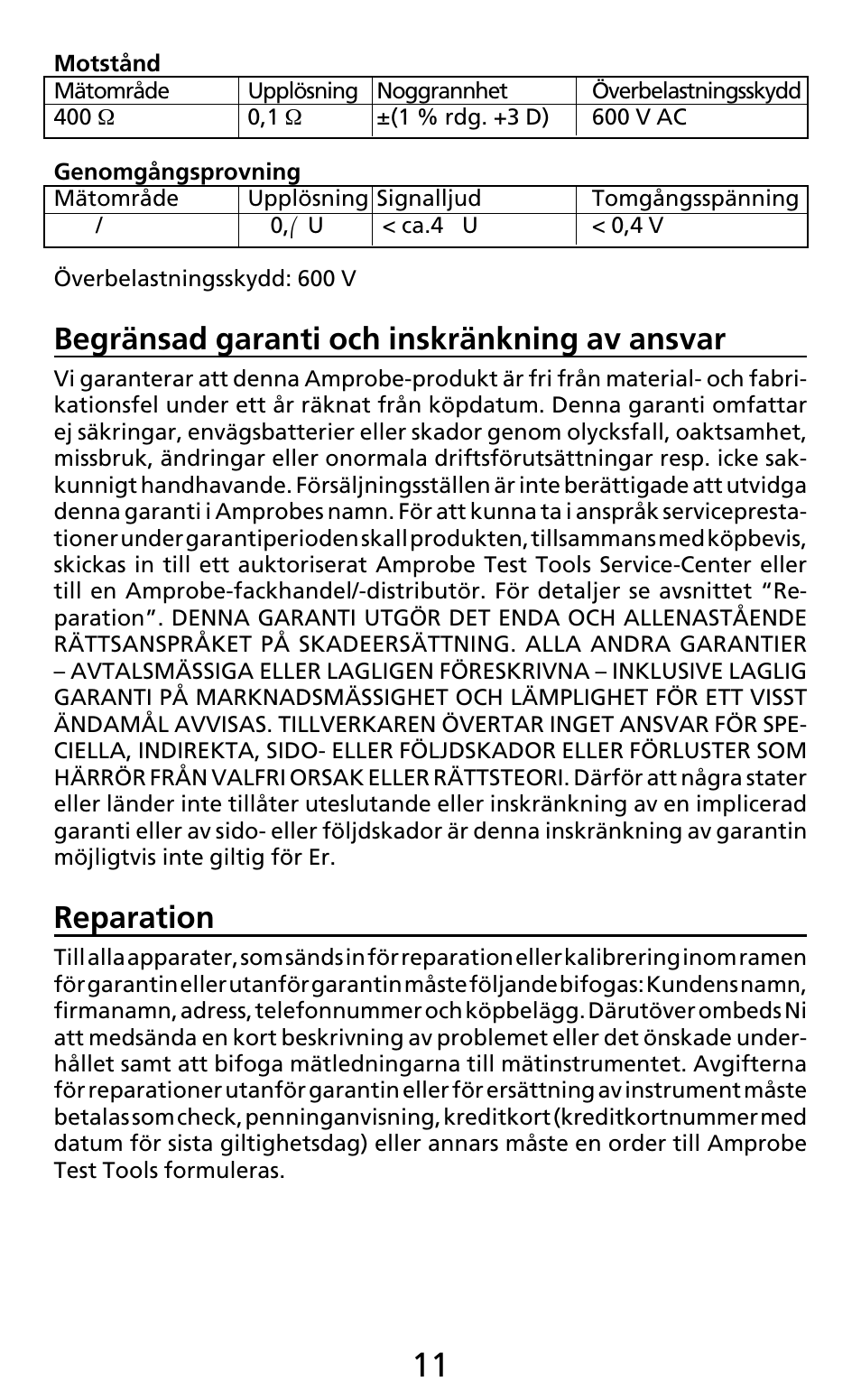 Begränsad garanti och inskränkning av ansvar, Reparation | Amprobe AC50A User Manual | Page 75 / 78