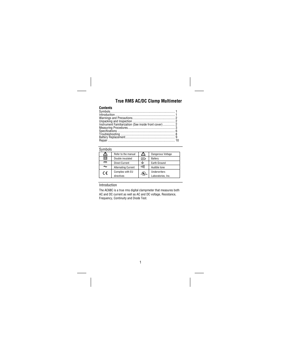 True rms ac/dc clamp multimeter | Amprobe AC68C Clamp-Multimeter User Manual | Page 5 / 52