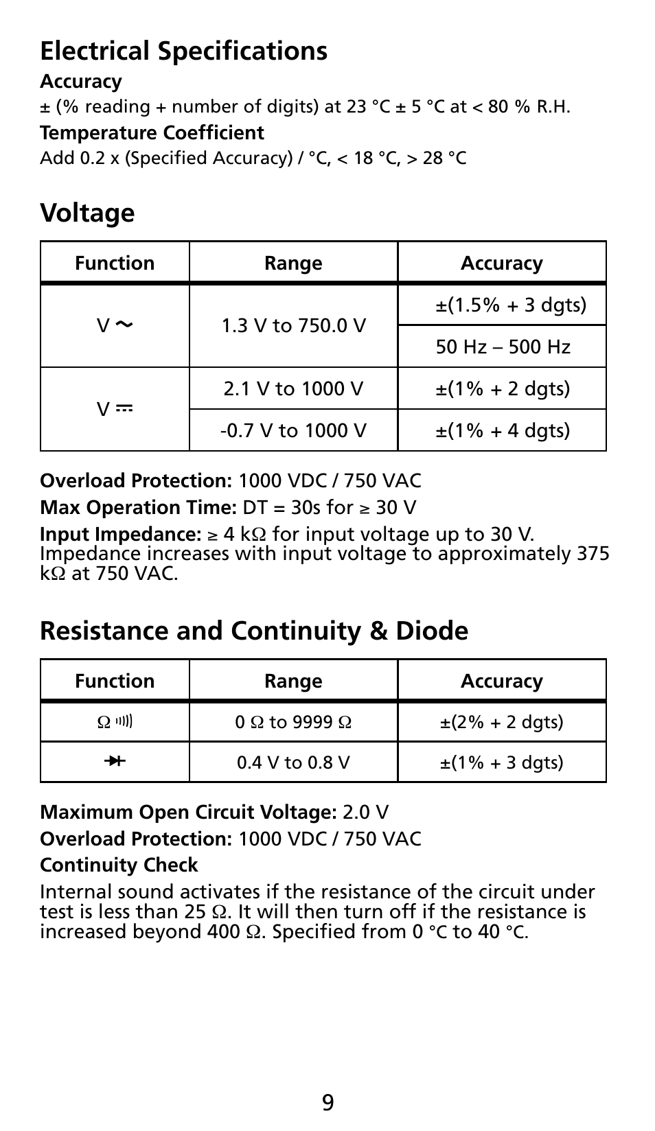 Electrical specifications, Voltage, Resistance and continuity & diode | Amprobe AC71B Clamp-On-Multimeter User Manual | Page 11 / 96