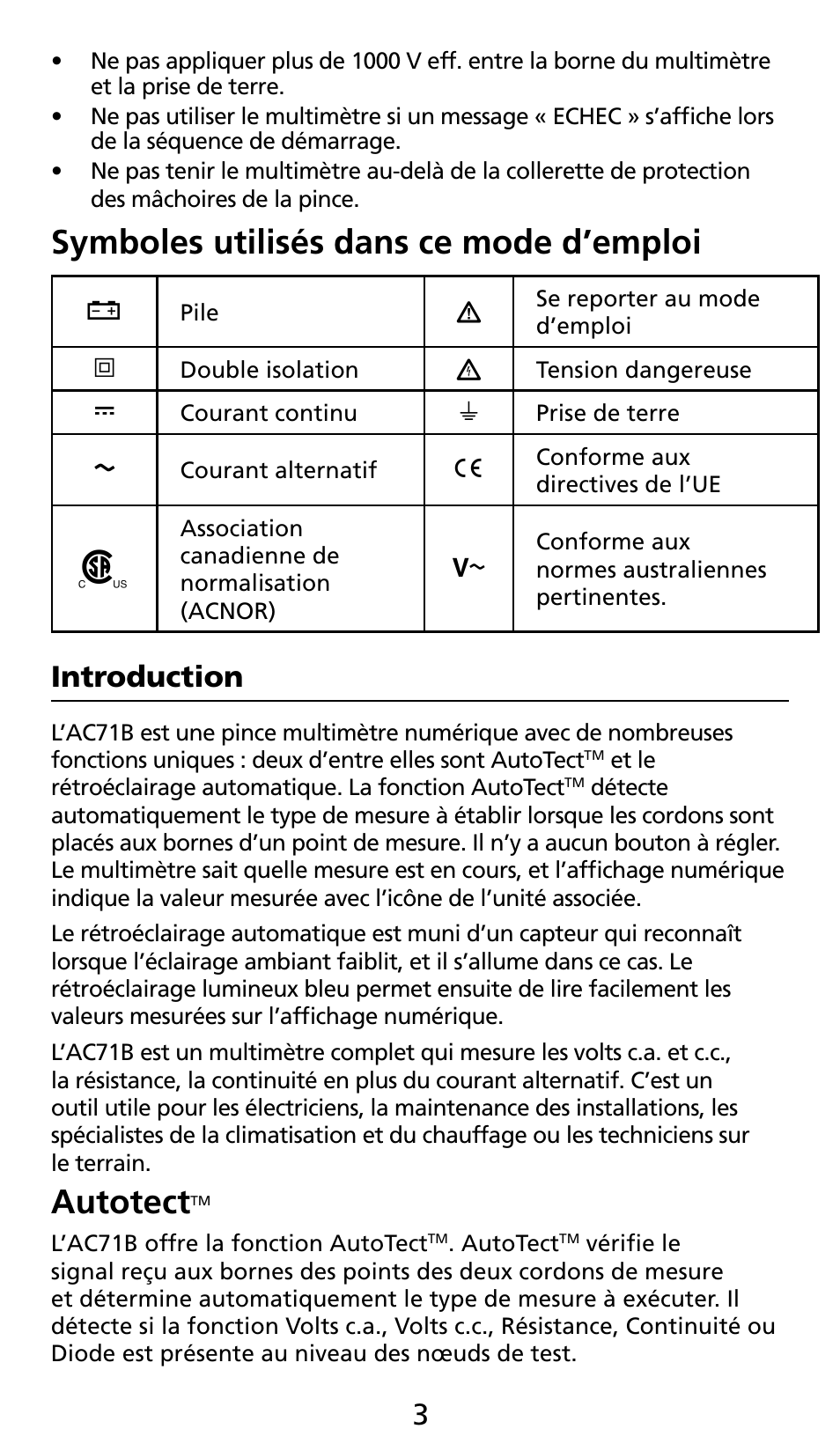 Symboles utilisés dans ce mode d’emploi, Autotect, Introduction | Amprobe AC71B Clamp-On-Multimeter User Manual | Page 25 / 96