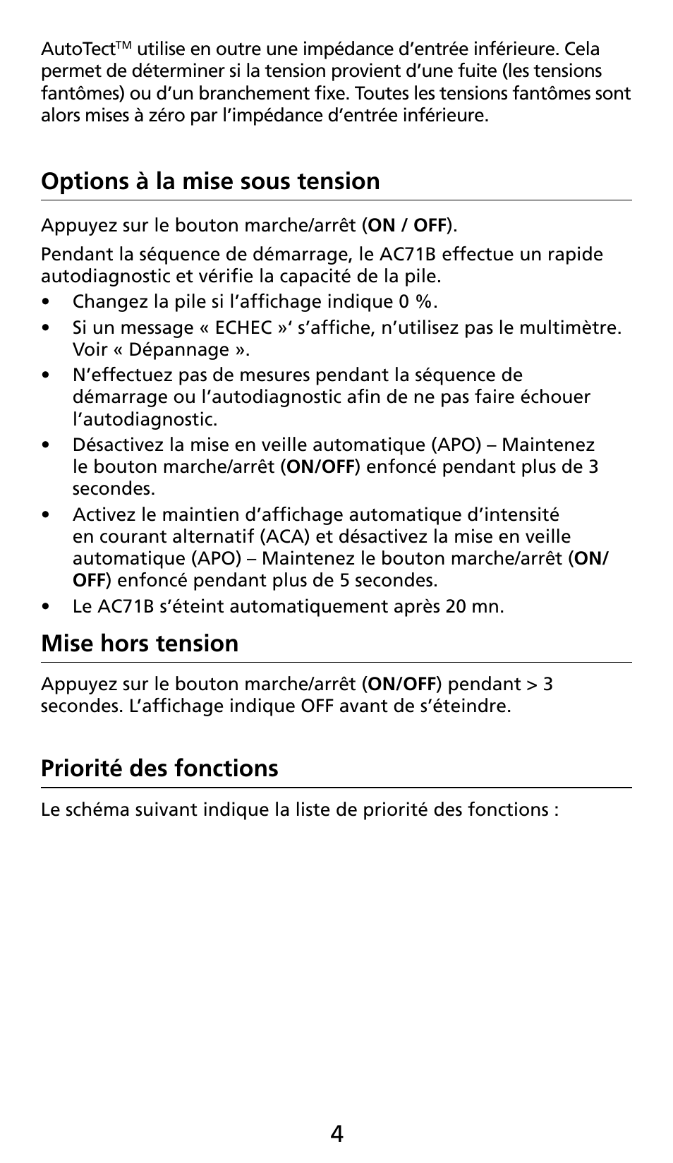 Options à la mise sous tension, Mise hors tension, Priorité des fonctions | Amprobe AC71B Clamp-On-Multimeter User Manual | Page 26 / 96