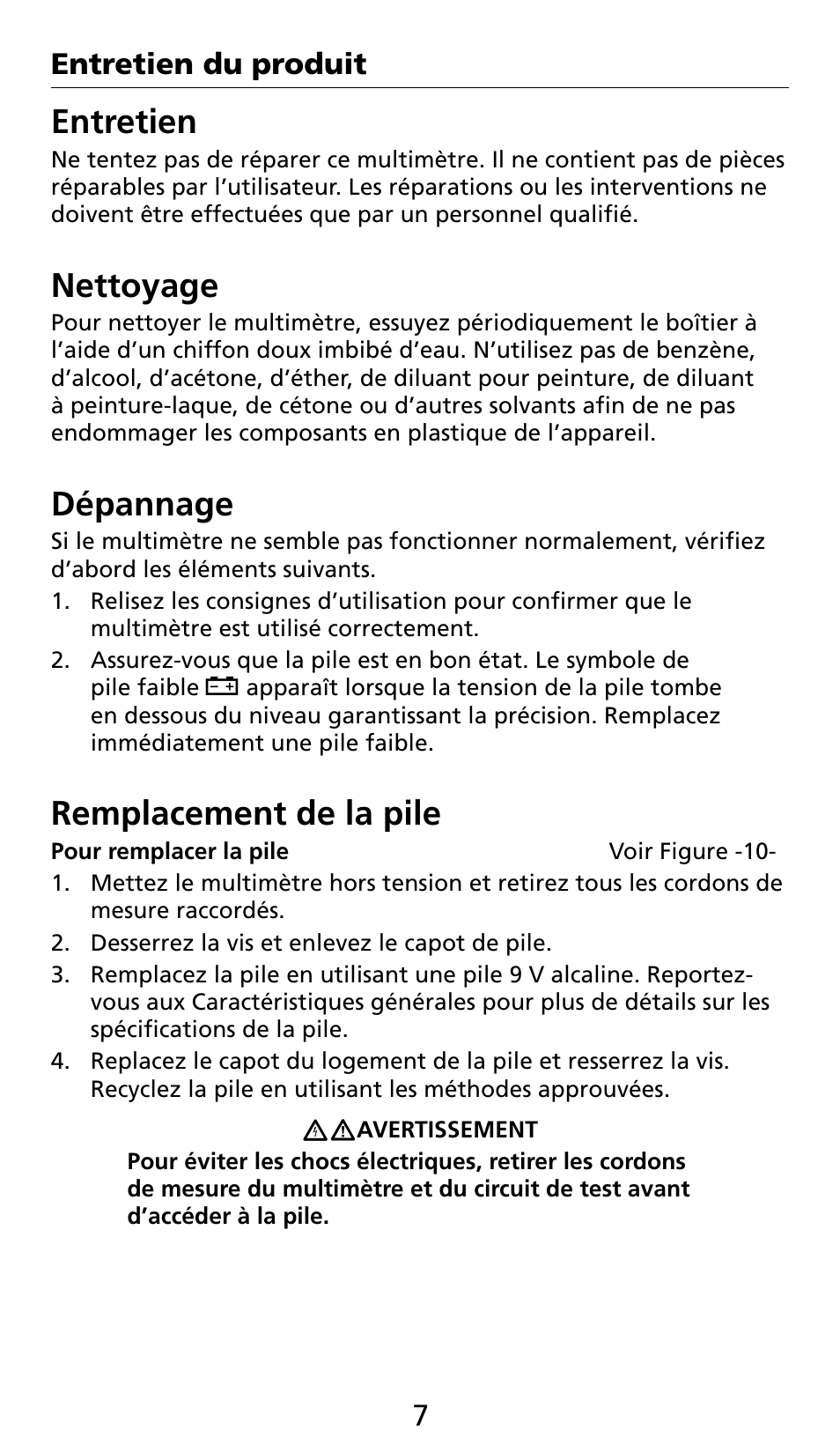Entretien, Nettoyage, Dépannage | Remplacement de la pile | Amprobe AC71B Clamp-On-Multimeter User Manual | Page 29 / 96