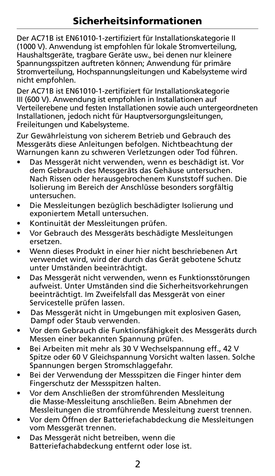 3 sicherheitsinformationen | Amprobe AC71B Clamp-On-Multimeter User Manual | Page 38 / 96