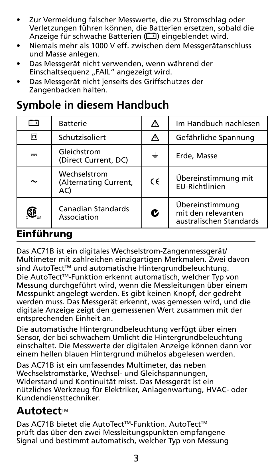 Symbole in diesem handbuch, Autotect, Einführung | Amprobe AC71B Clamp-On-Multimeter User Manual | Page 39 / 96