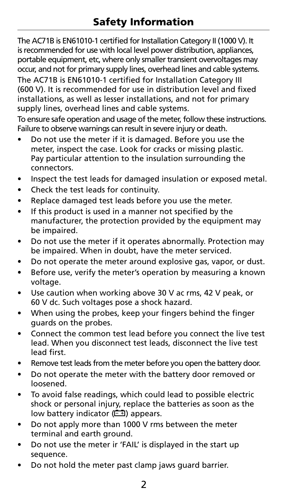3 safety information | Amprobe AC71B Clamp-On-Multimeter User Manual | Page 4 / 96