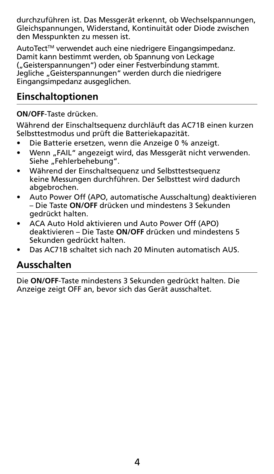 Einschaltoptionen, Ausschalten | Amprobe AC71B Clamp-On-Multimeter User Manual | Page 40 / 96