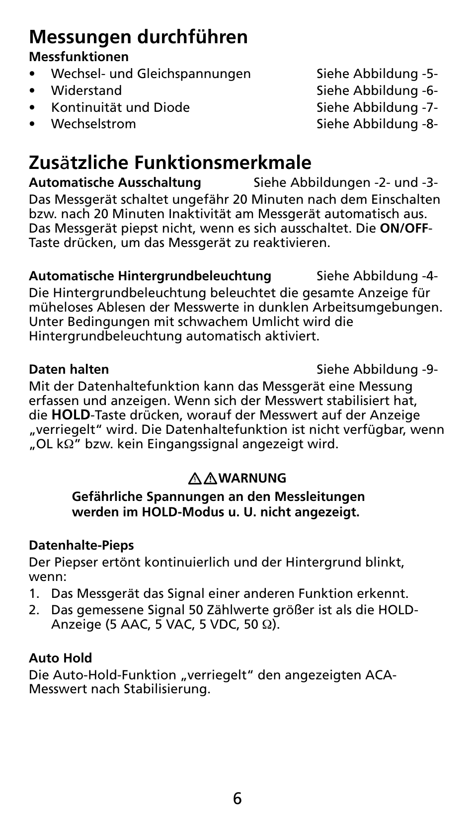 Messungen durchführen, Zus ä tzliche funktionsmerkmale | Amprobe AC71B Clamp-On-Multimeter User Manual | Page 42 / 96