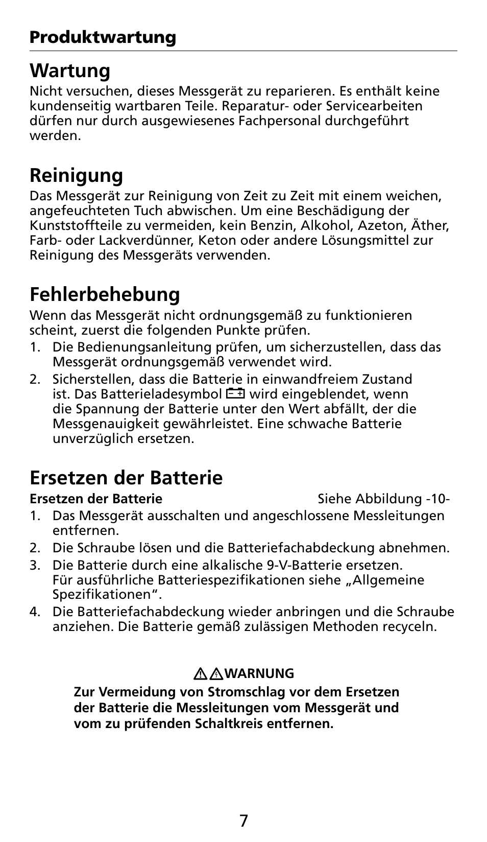 Wartung, Reinigung, Fehlerbehebung | Ersetzen der batterie, 66 7 produktwartung | Amprobe AC71B Clamp-On-Multimeter User Manual | Page 43 / 96