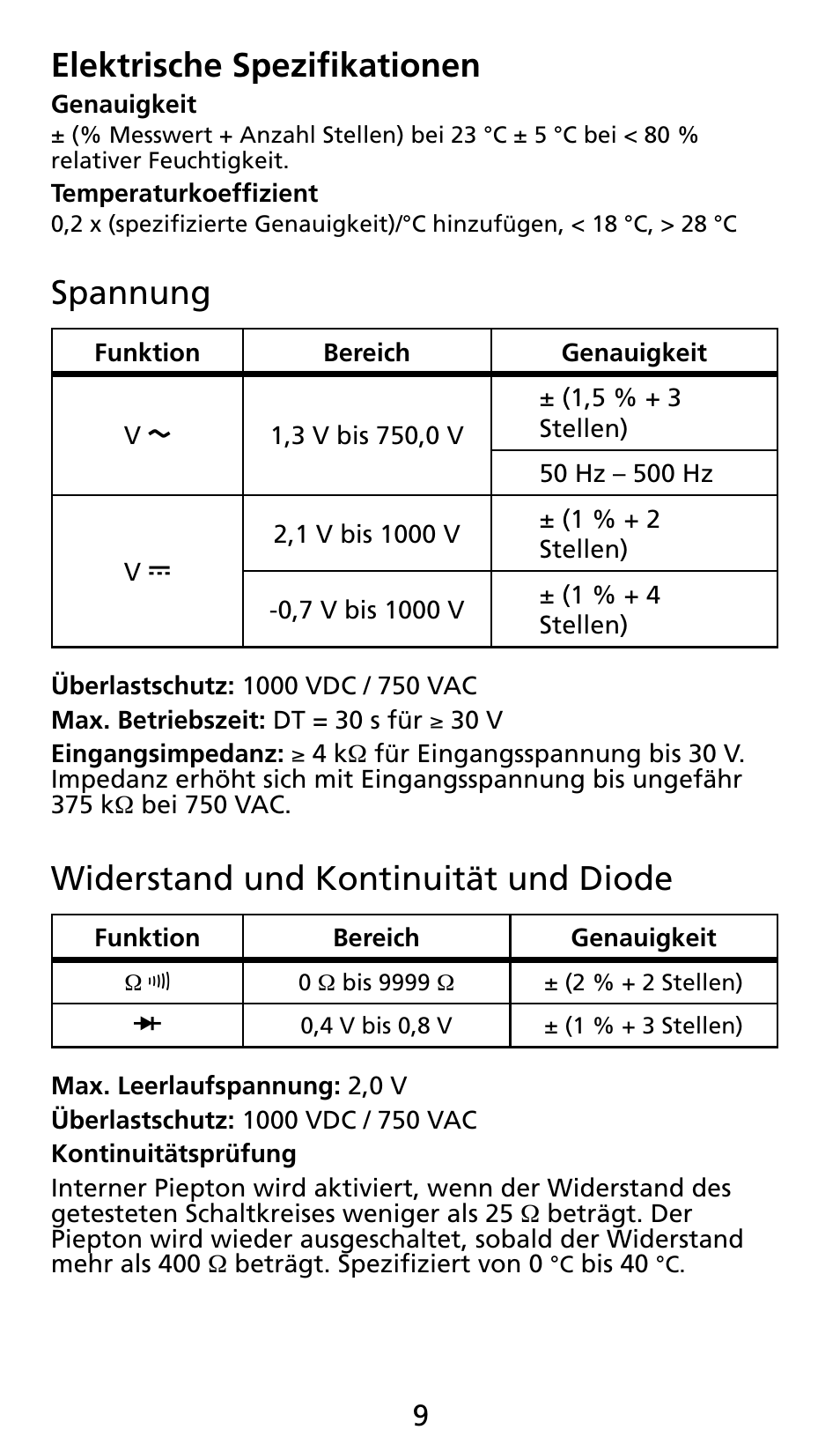 Elektrische spezifikationen, Spannung, Widerstand und kontinuität und diode | Amprobe AC71B Clamp-On-Multimeter User Manual | Page 45 / 96