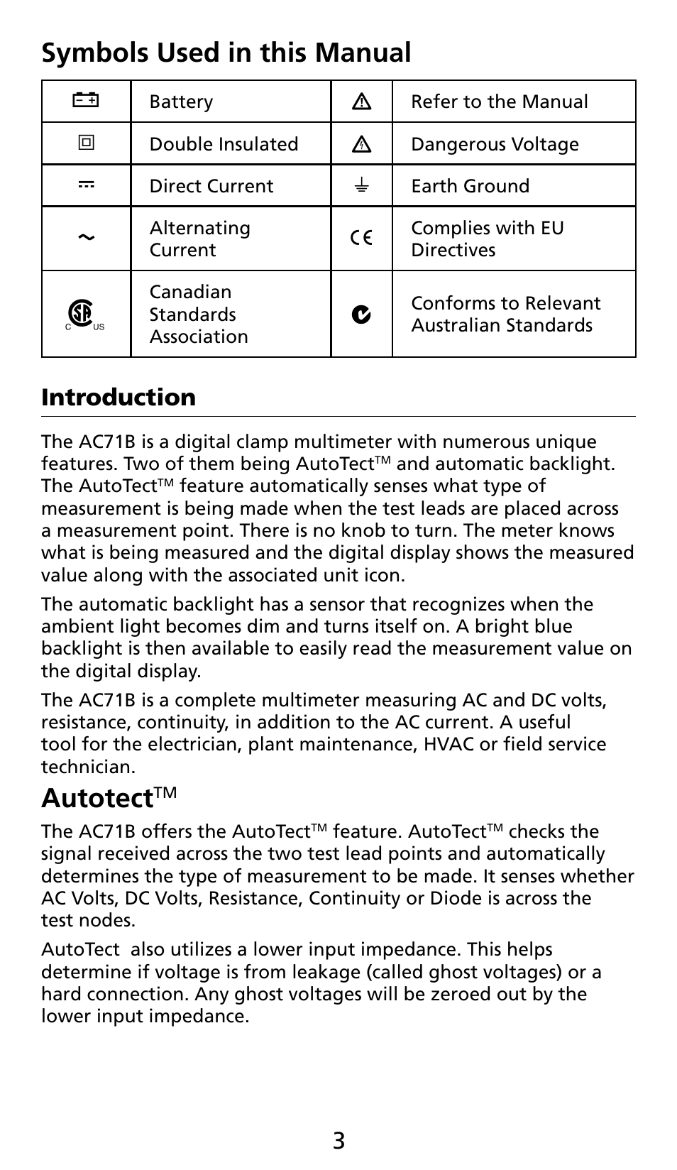 Symbols used in this manual, Autotect, Introduction | Amprobe AC71B Clamp-On-Multimeter User Manual | Page 5 / 96