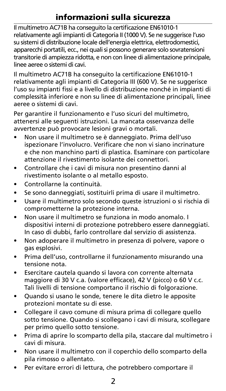 3 informazioni sulla sicurezza | Amprobe AC71B Clamp-On-Multimeter User Manual | Page 54 / 96