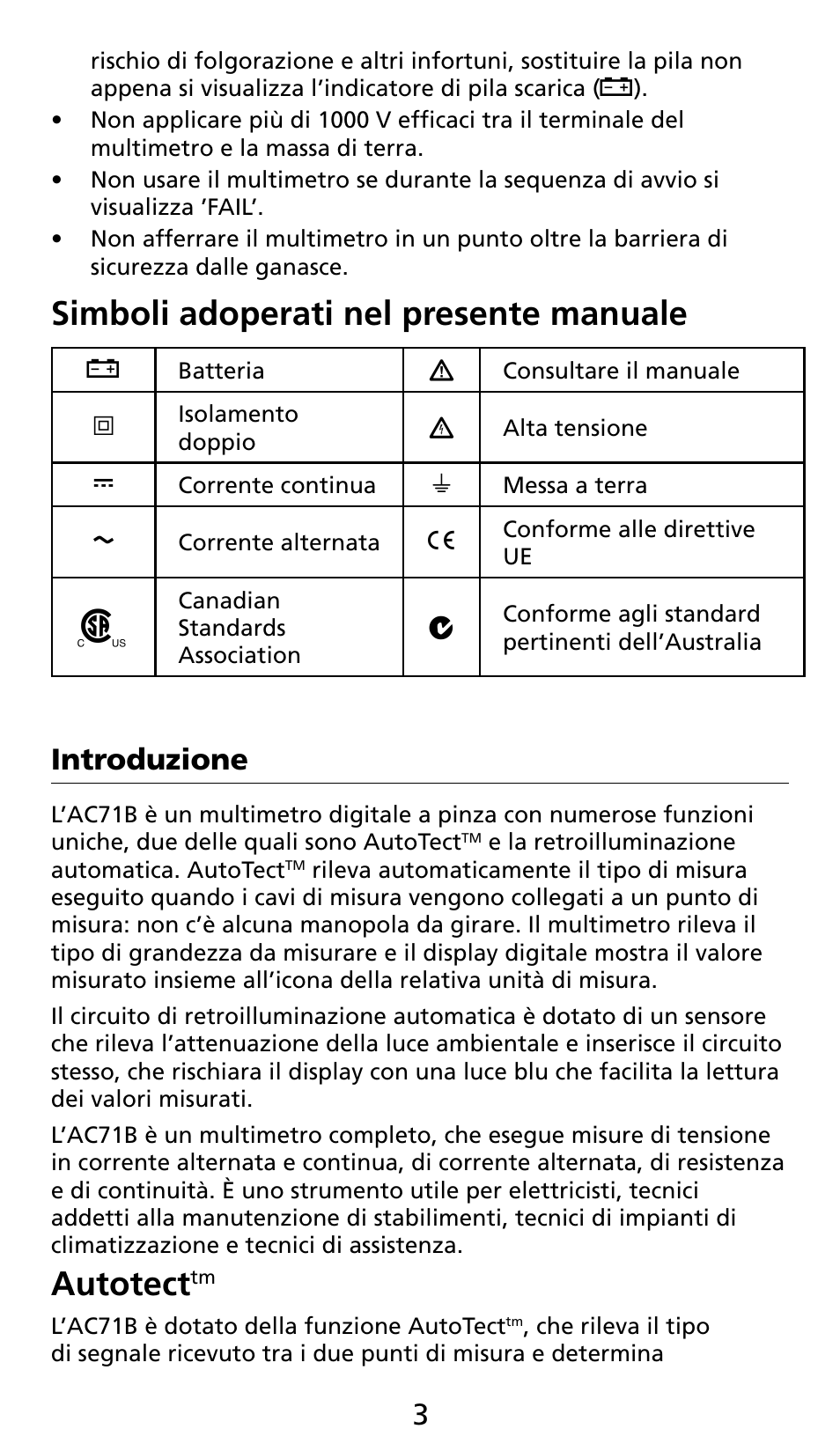 Simboli adoperati nel presente manuale, Autotect, Introduzione | Amprobe AC71B Clamp-On-Multimeter User Manual | Page 55 / 96