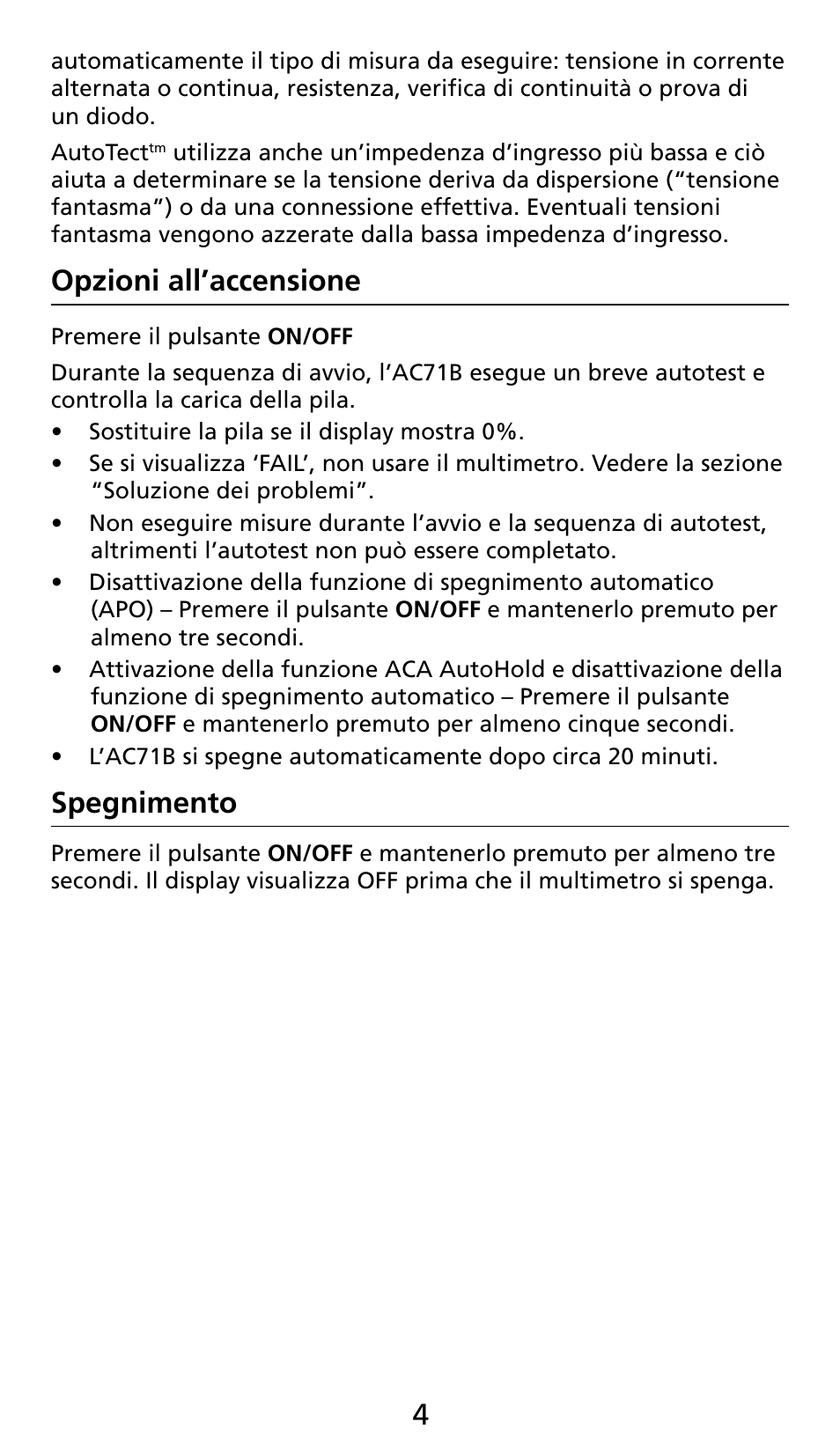 Opzioni all’accensione, Spegnimento | Amprobe AC71B Clamp-On-Multimeter User Manual | Page 56 / 96