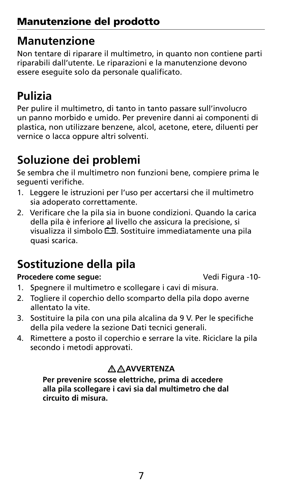 Manutenzione, Pulizia, Soluzione dei problemi | Sostituzione della pila | Amprobe AC71B Clamp-On-Multimeter User Manual | Page 59 / 96