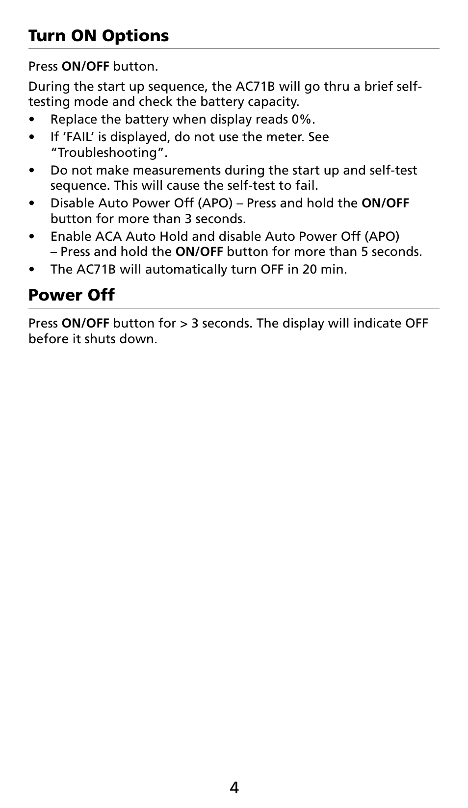 44 5 turn on options, Power off | Amprobe AC71B Clamp-On-Multimeter User Manual | Page 6 / 96