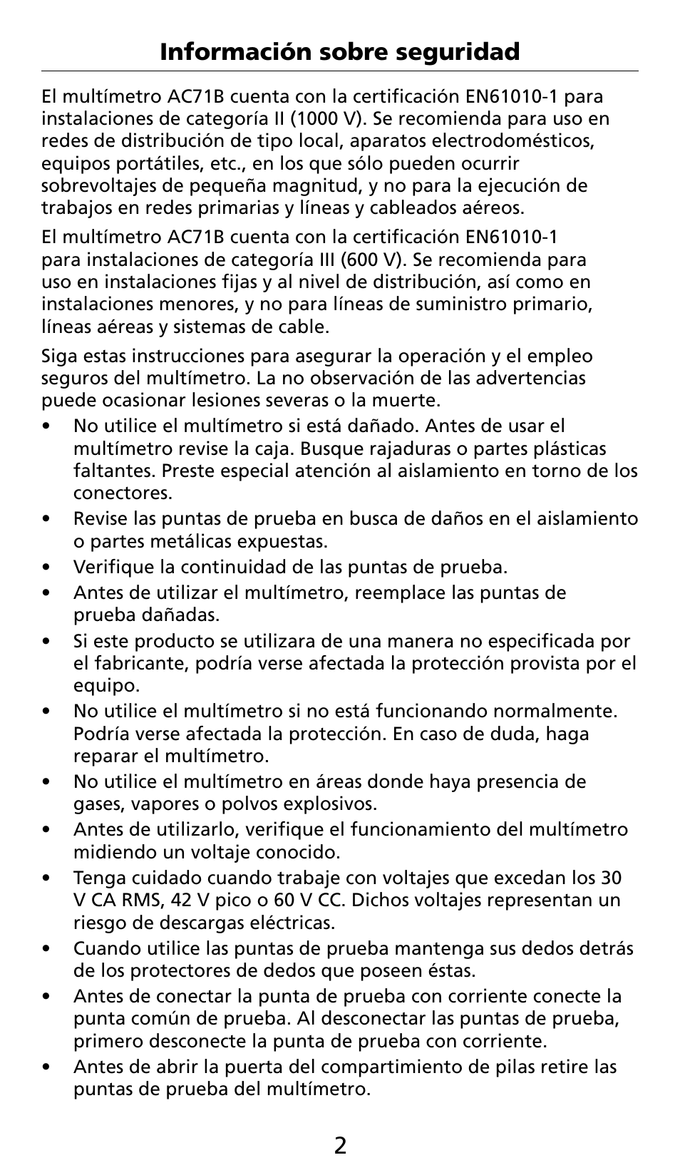 3 información sobre seguridad | Amprobe AC71B Clamp-On-Multimeter User Manual | Page 70 / 96