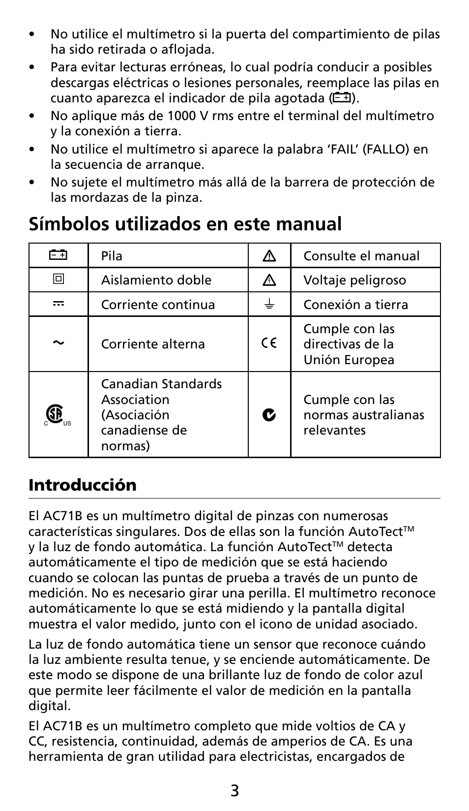 Símbolos utilizados en este manual, Introducción | Amprobe AC71B Clamp-On-Multimeter User Manual | Page 71 / 96