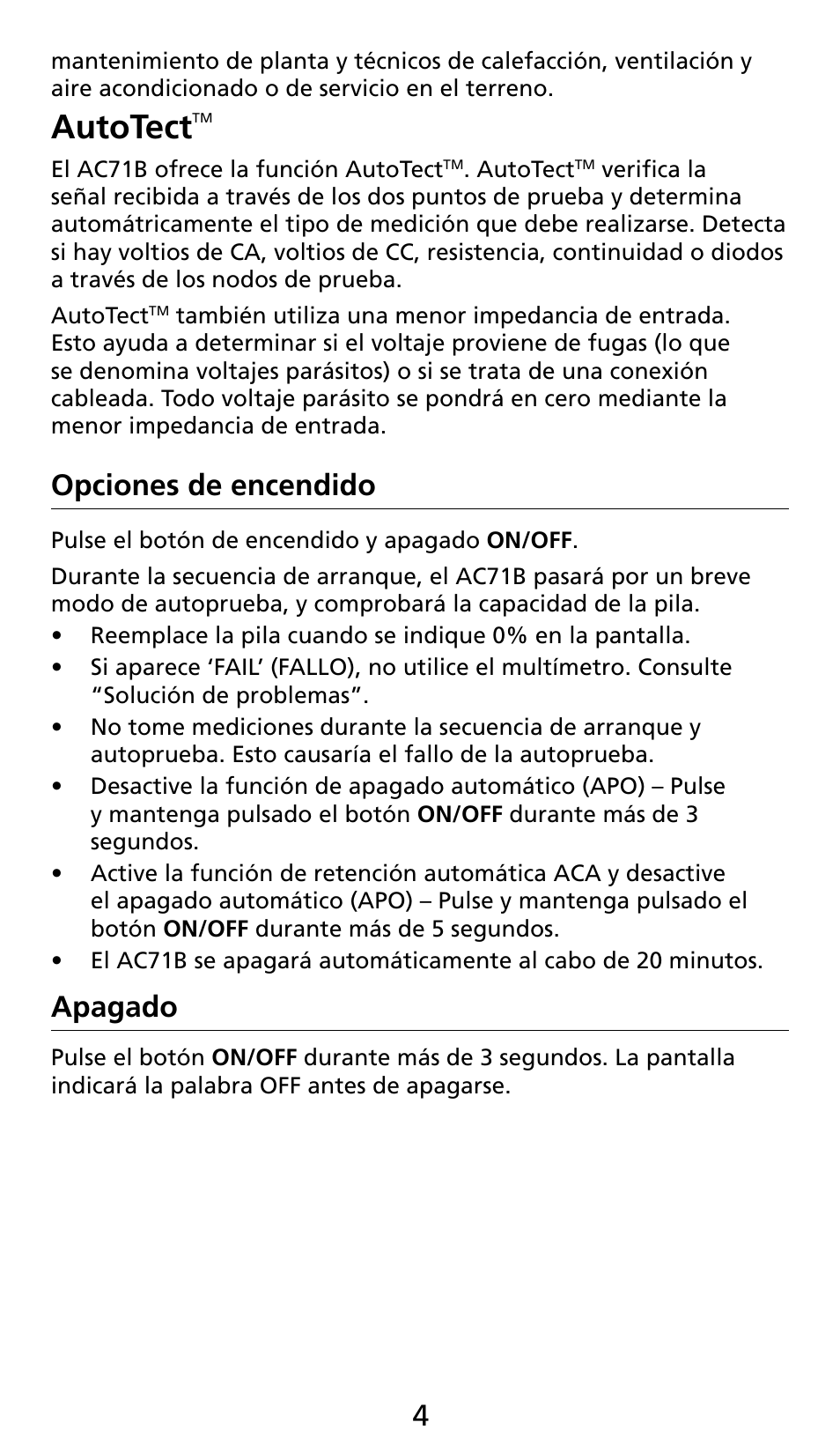 Autotect, Opciones de encendido, Apagado | Amprobe AC71B Clamp-On-Multimeter User Manual | Page 72 / 96