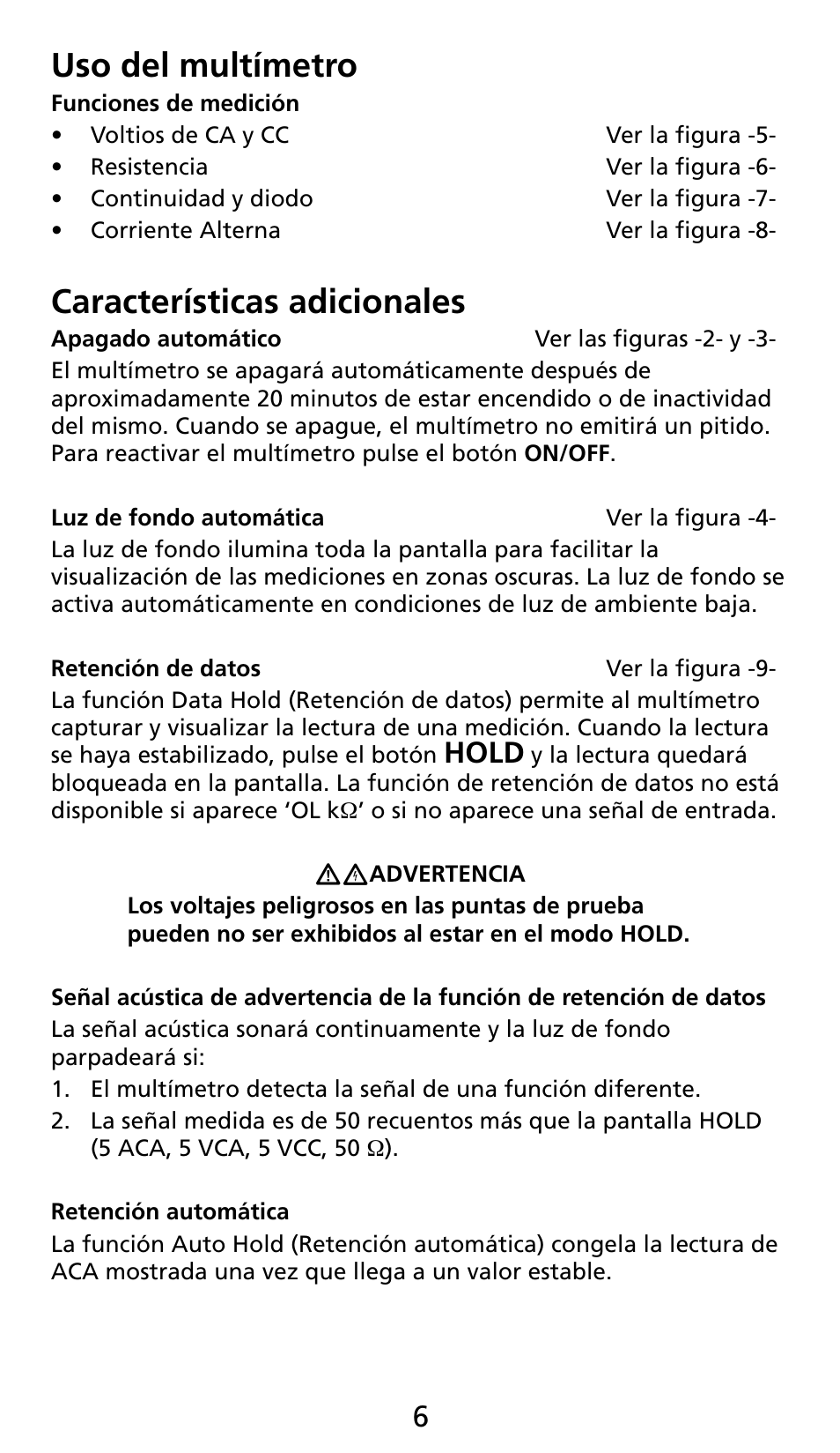 Uso del multímetro, Características adicionales, Hold | Amprobe AC71B Clamp-On-Multimeter User Manual | Page 74 / 96