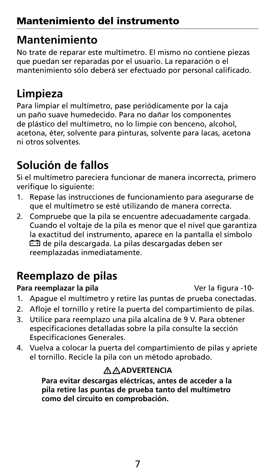 Mantenimiento, Limpieza, Solución de fallos | Reemplazo de pilas | Amprobe AC71B Clamp-On-Multimeter User Manual | Page 75 / 96